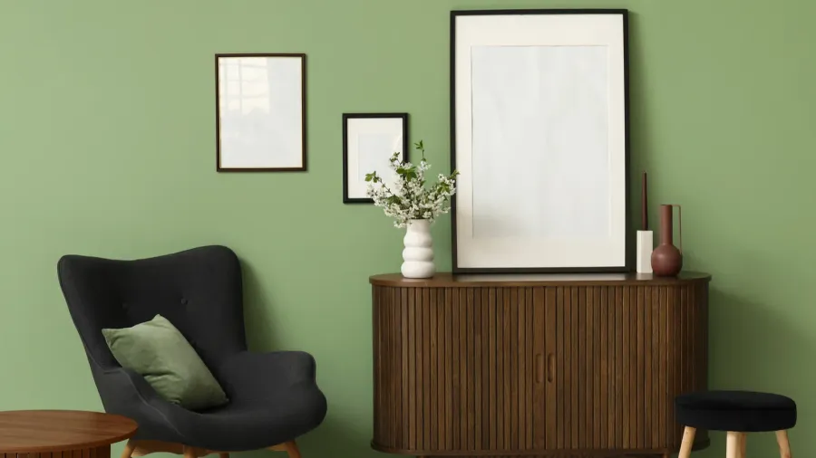empty frame and blooming branches on wooden chest of drawers