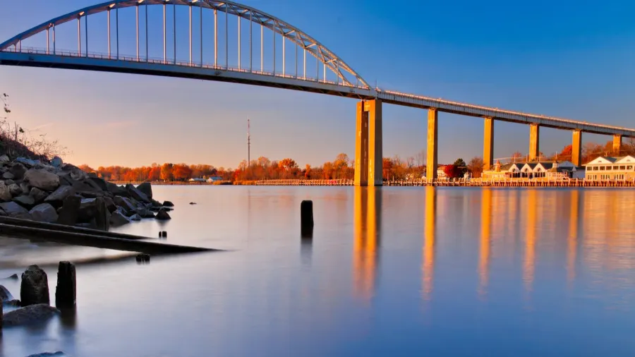 evening long exposure of the bridge over the chesapeake and
