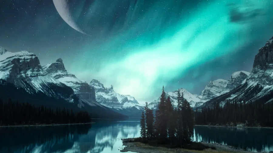 fantastic landscape of spirit island with aurora borealis over canadian