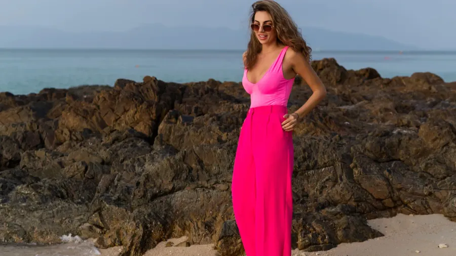 fashion stylish beautiful sensual young woman slim in trendy bright