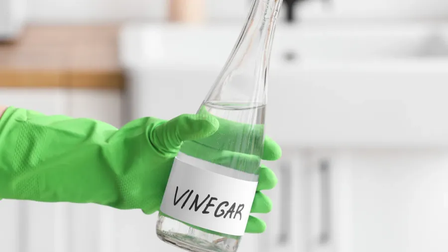female hand in rubber glove with bottle of vinegar in