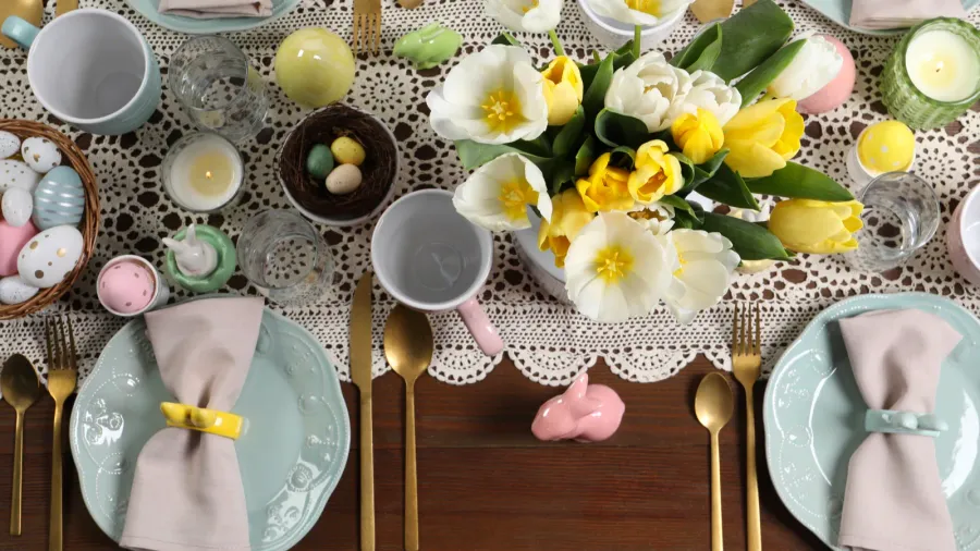festive table setting with beautiful flowers flat lay easter celebration
