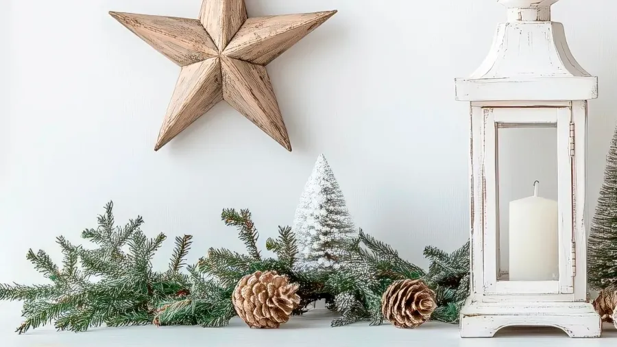 Festive winter scene with decorative star, lantern, and pinecones on a white table.