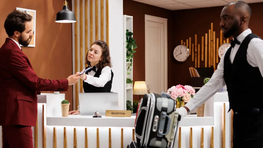 formal guest fill in registration forms at front desk doing