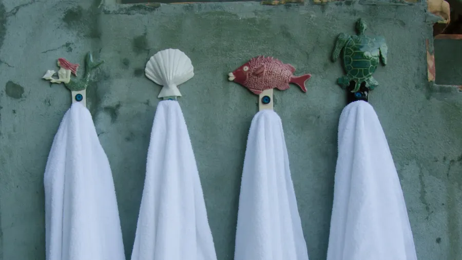 four towels hang on decorative hooks