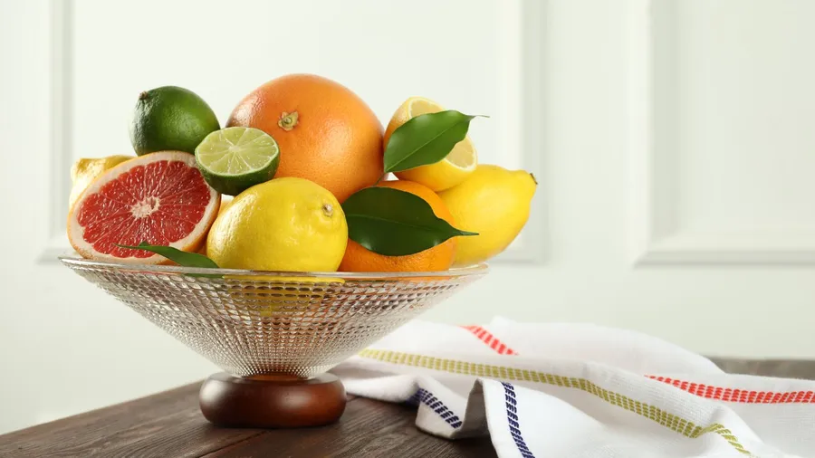 A decorative glass bowl filled with colorful fresh citrus fruits on a wooden table.