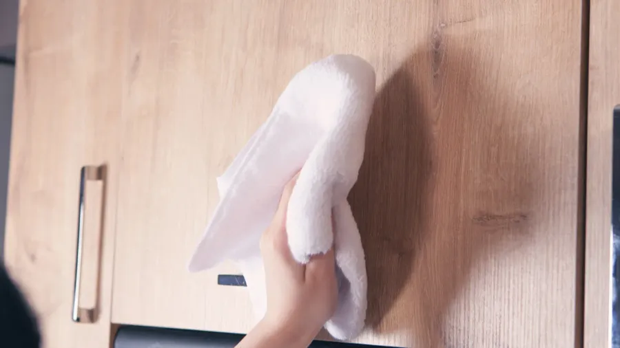 girl cleans with a rag in the kitchen