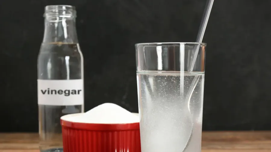 glass with water and baking soda on wooden table