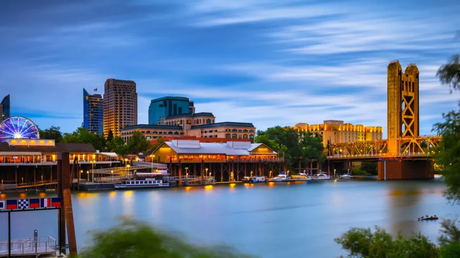 gold tower bridge and sacramento river in sacramento california photographed