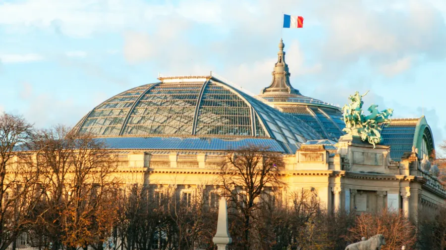 grand palais famous architecture in paris  france flag