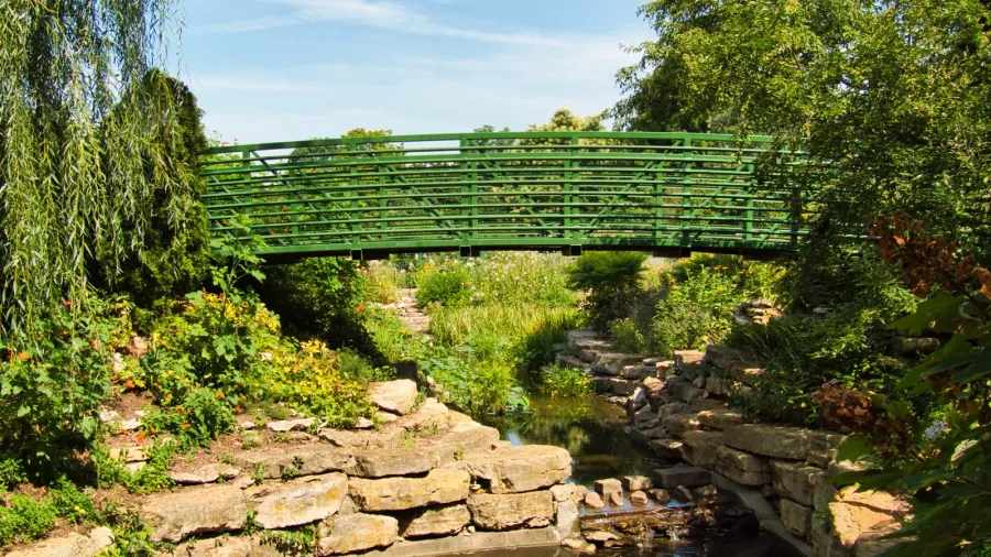 green bridge in the middle of a flower garden in