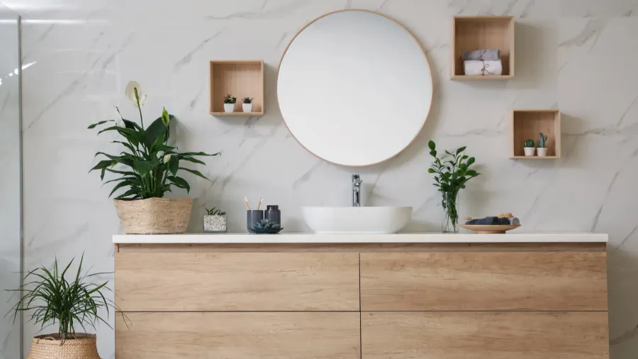 green plants in elegant modern bathroom interior design