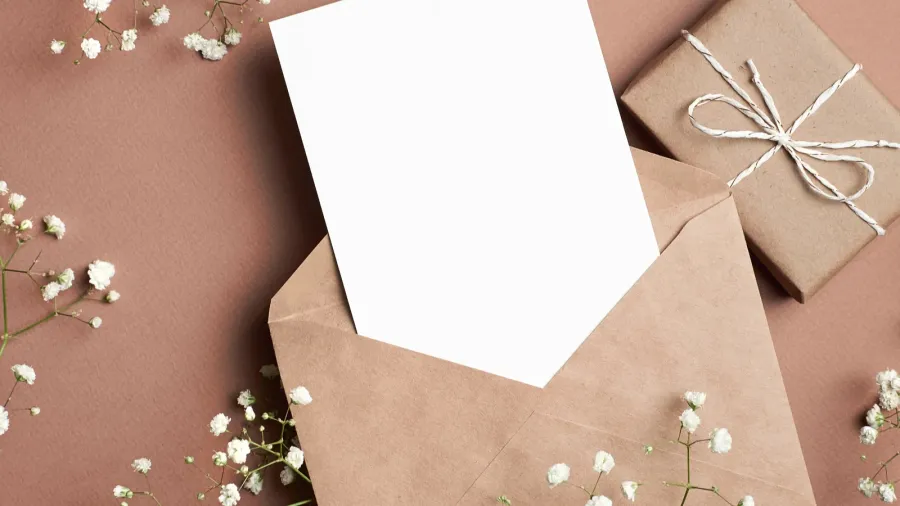 greeting card mockup flat lay with gift box envelope and