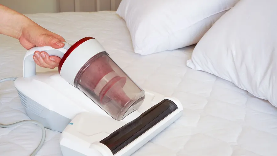 A woman cleaning a bed with handheld vacuum cleaner.