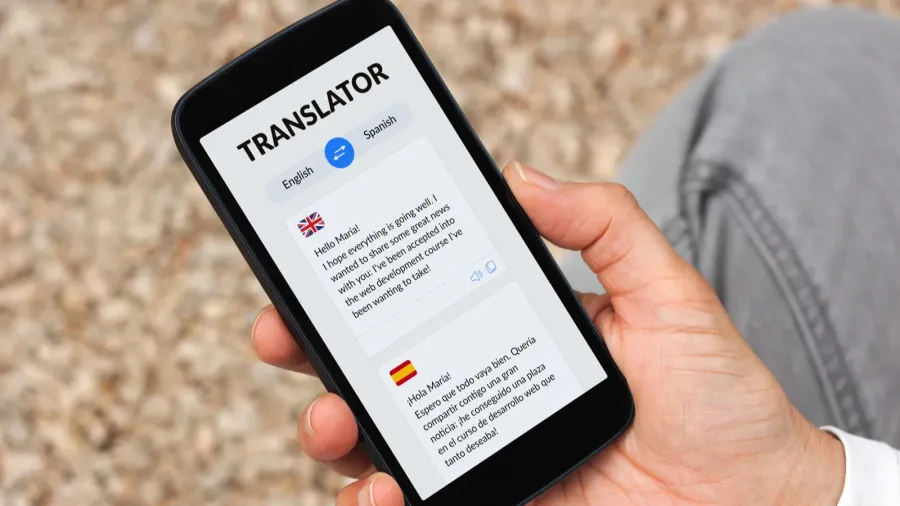 hand holding smartphone with language translator app on screen