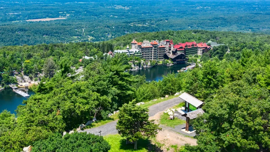 high vantage point view of mohonk mountain house in upstate
