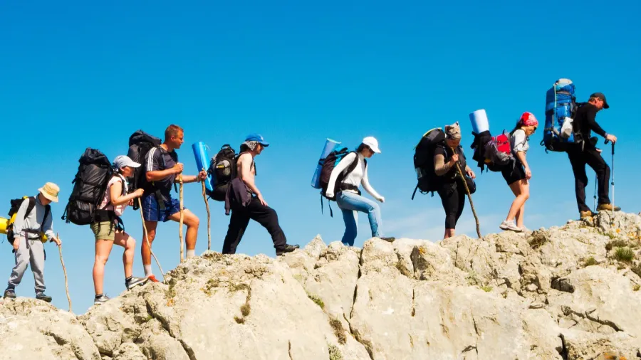 hikers group trekking in crimea
