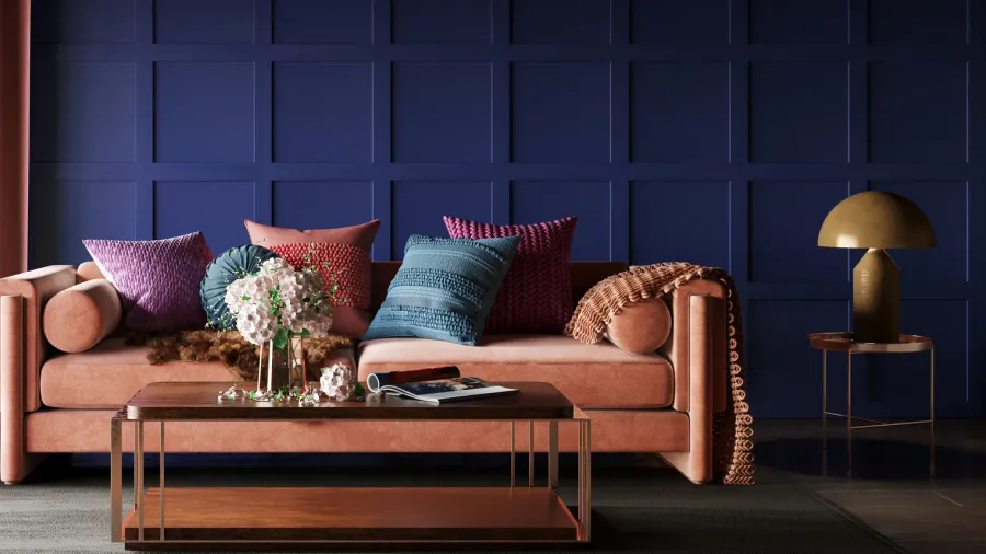 home interior mockup with cozy sofa on dark blue wall