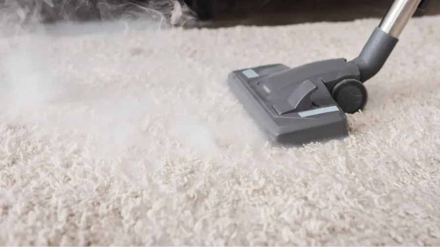 hot steam near brush of vacuum cleaner on carpet in
