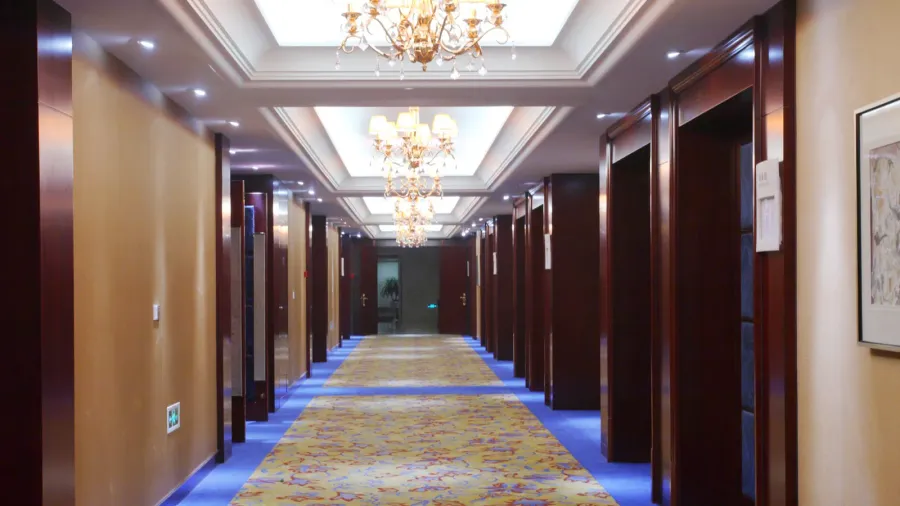 Hallway of a hotel with beautiful carpets and ornate chandeliers.