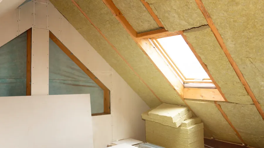 Attic interior with skylight and insulation materials.