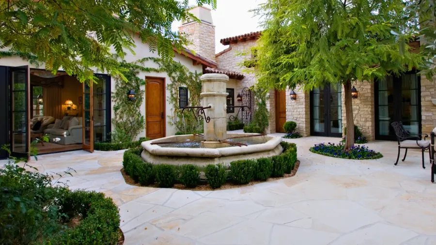 house with fountain