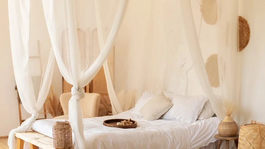 hygge decor at home interior white bedroom in boho