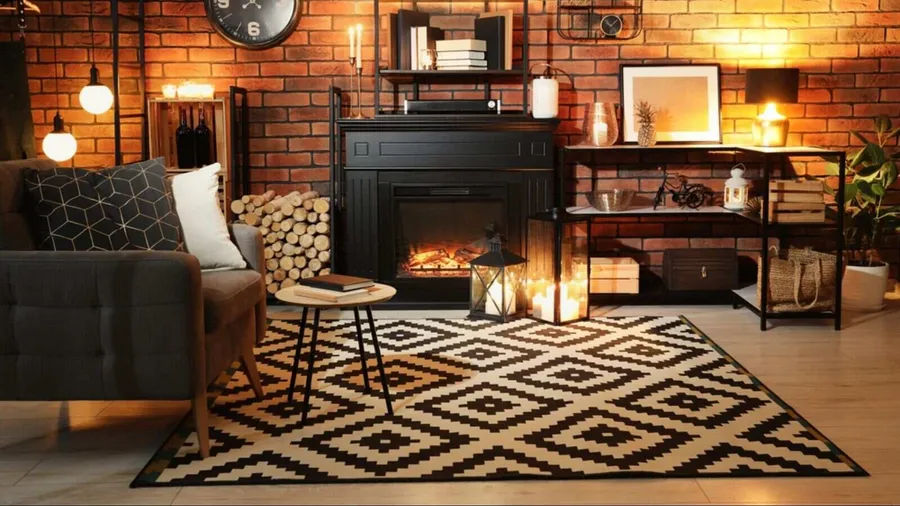 A stylish living room interior with a cozy armchair, coffee table, fireplace, lanterns, bookshelf with decor pieces, and a geometric rug.