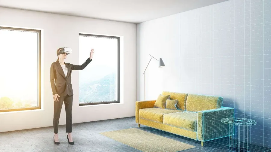 Young woman in VR glasses planning her room interior.