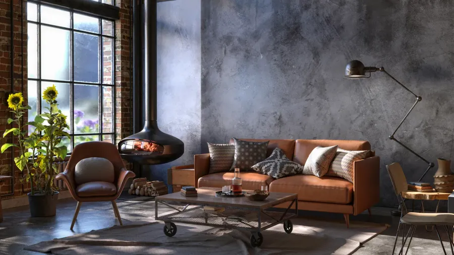 industrial style of dark living room interior 3d render