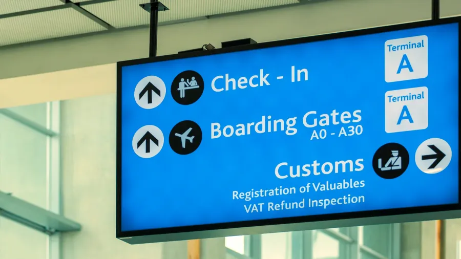 info sign at international airport  directions for check in