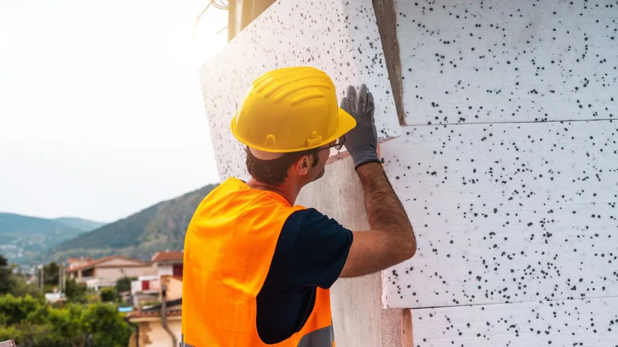The image shows a construction worker wearing a yellow hard hat and an orange vest, handling blocks of insulation material. He is positioned in an outdoor setting with a mountainous background.