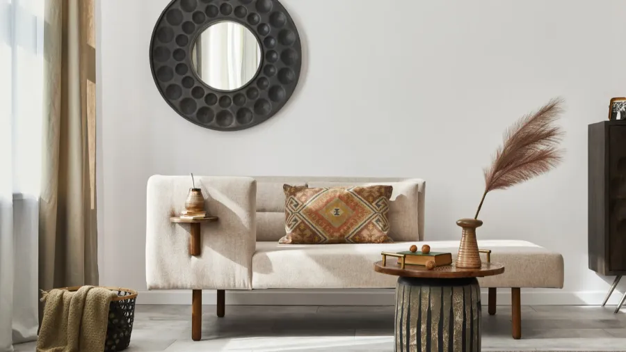 interior design of ethnic living room with modern commode round