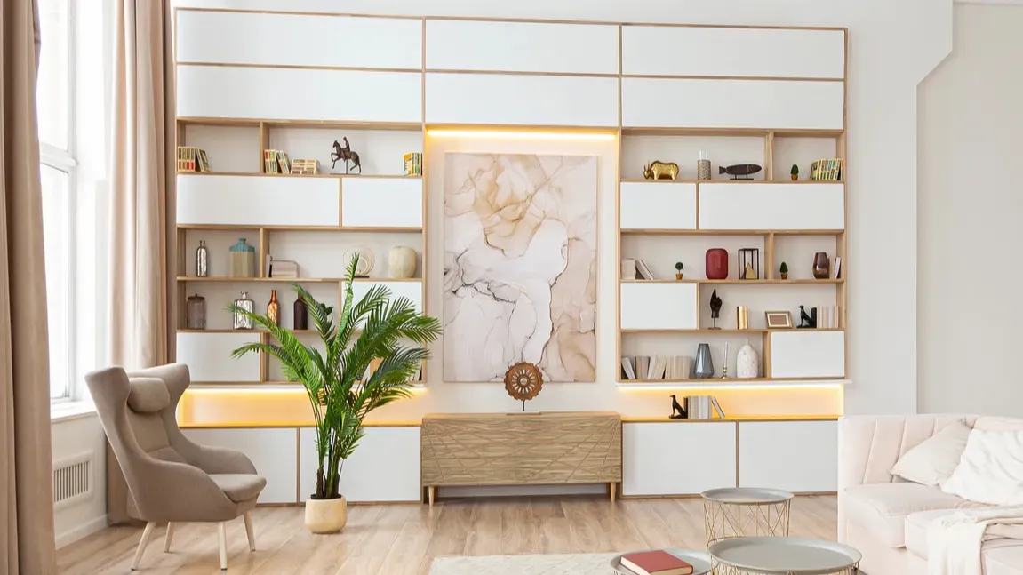 A large white shelving unit with decorative items, a plant, and a modern picture frame in a bright living room.