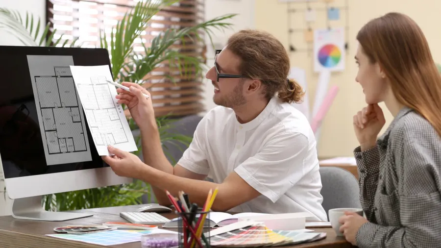 An interior designer consulting with a young woman in office, showing her layout design.