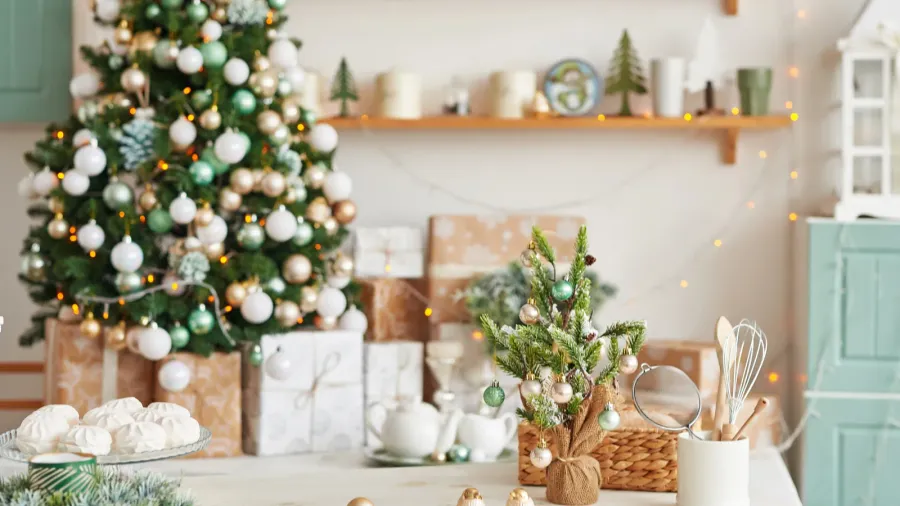 interior light kitchen with christmas decor and tree turquoisecolored kitchen