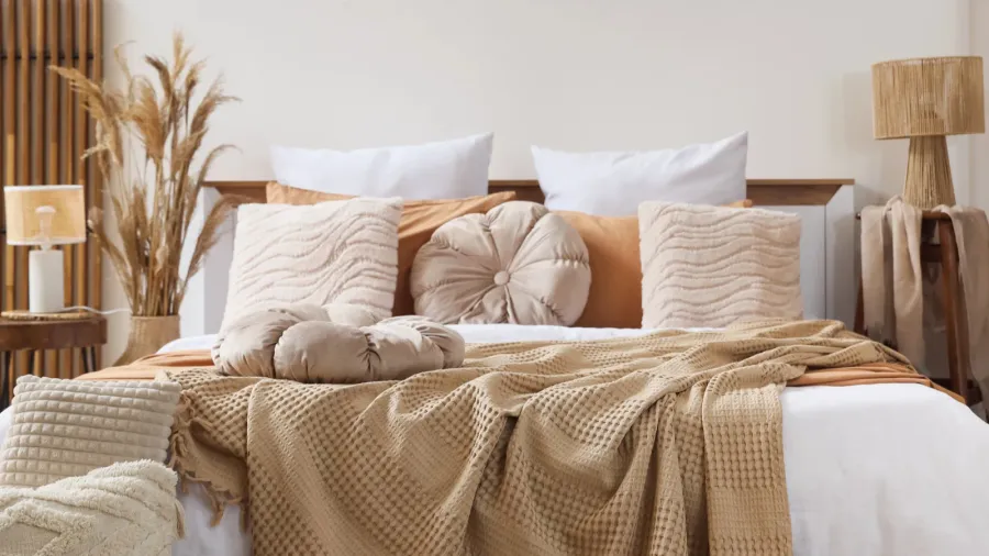 A beautifully decorated bed with plush pillows and warm blankets, complemented by decorative elements like a bedside lamp and pampas grass.