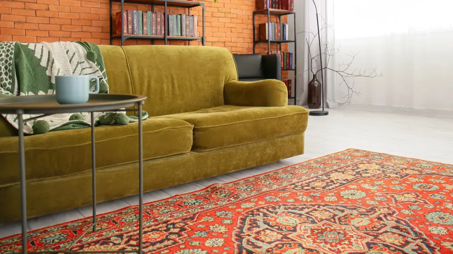 interior of cozy living room with vintage carpet and green