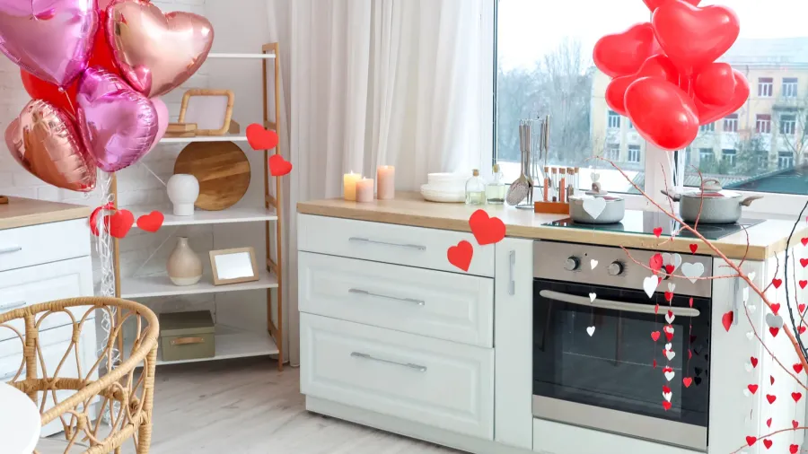 interior of festive kitchen with decorations for valentines day celebration