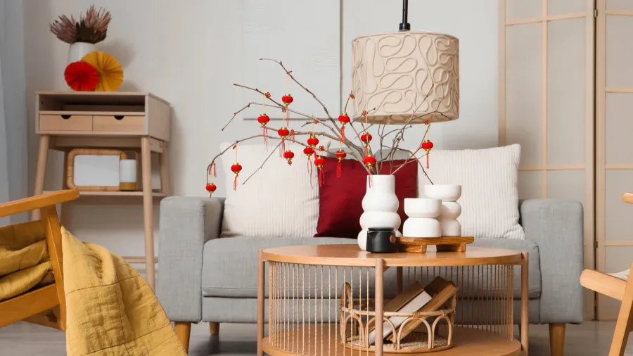 interior of festive living room with traditional chinese decorations grey