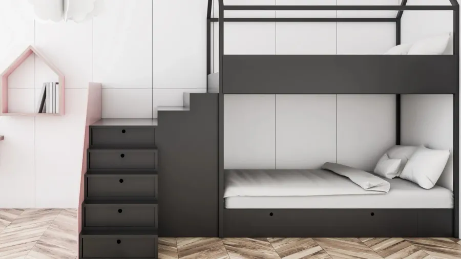 interior of kids bedroom with white walls wooden floor gray