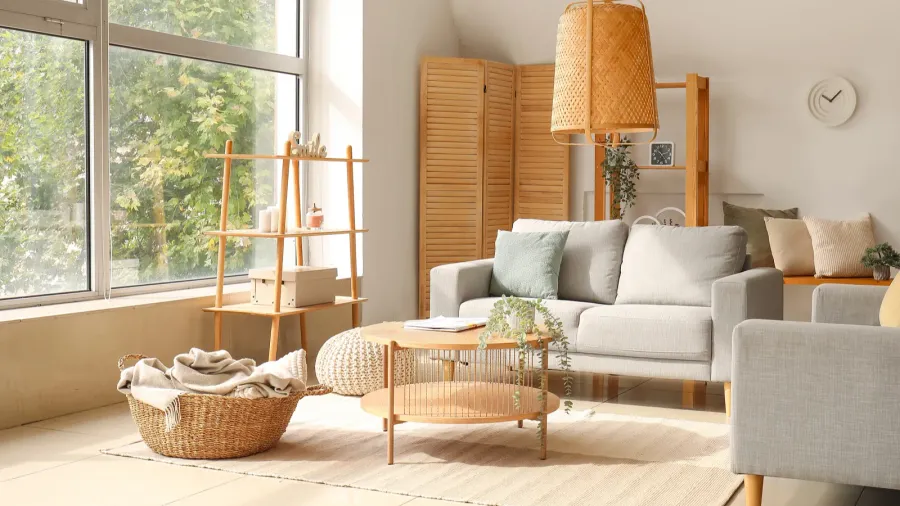 A minimalistic living room interior with sofa, coffee table, woven basket with throw blankets, and wooden shelf with decor accents.