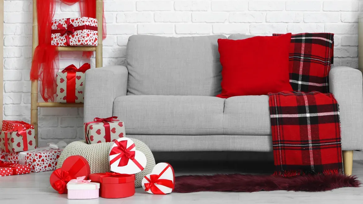 interior of living room decorated for valentines day celebration with