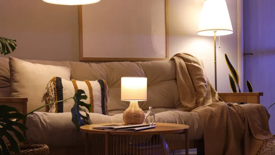 interior of living room with cozy sofa coffee table and