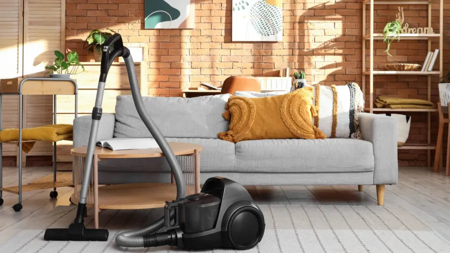 A vacuum cleaner placed on a rug in a bright living room with a gray sofa.