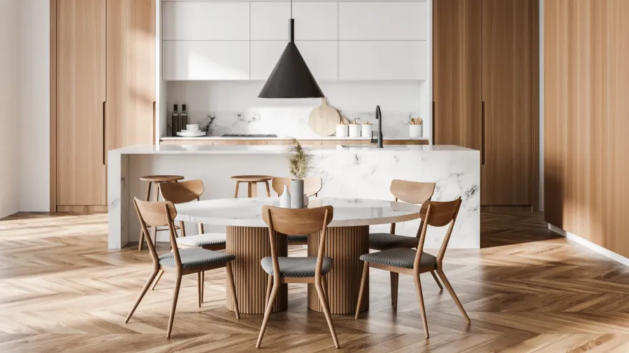 interior of modern kitchen with white walls wooden floor bar