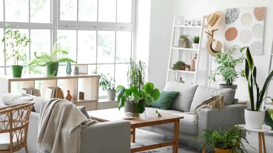 A living room interior with gray sofa, houseplants, shelf with small potted plants and decor accents, artwork, and wooden coffee table.