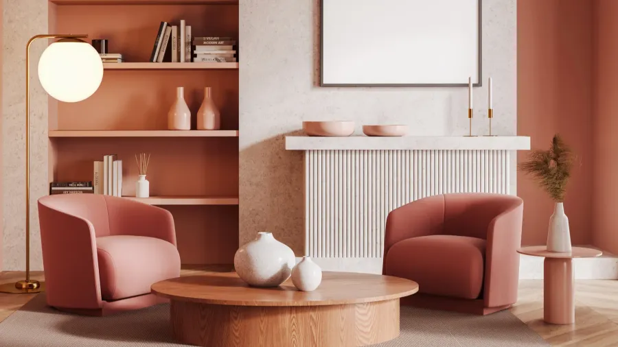 interior of modern living room with pink walls two comfortable