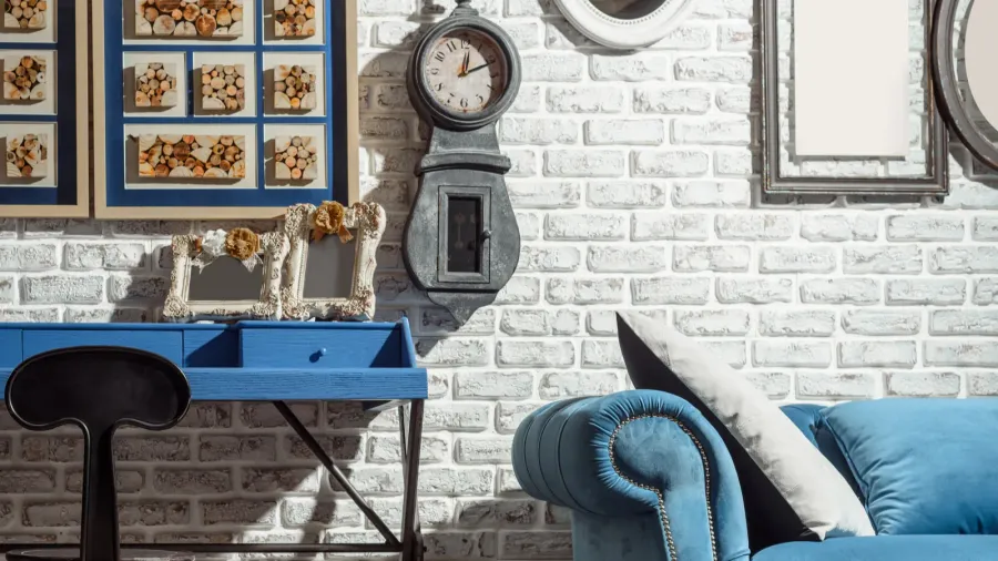 interior of modern retro styled living room with chair table