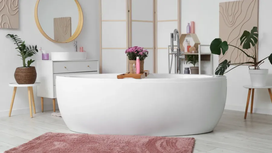 interior of stylish bathroom with bathtub sink and pink chrysanthemum